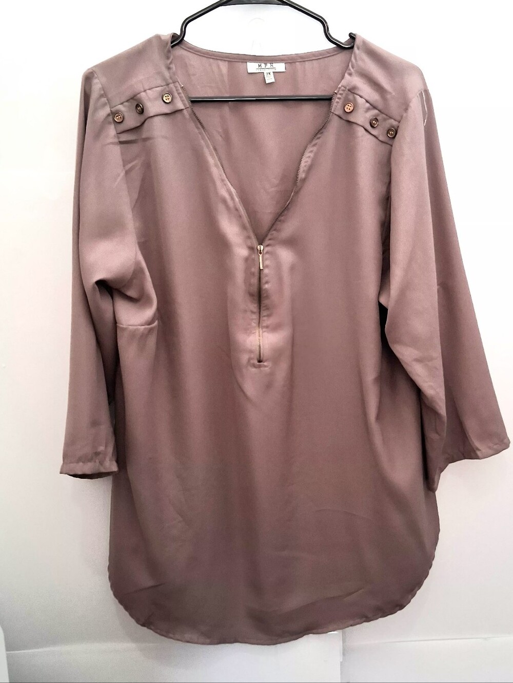 MPH Collection Dusty Mauve V-Neck Zip Tee Top Size 2X Fit 1X